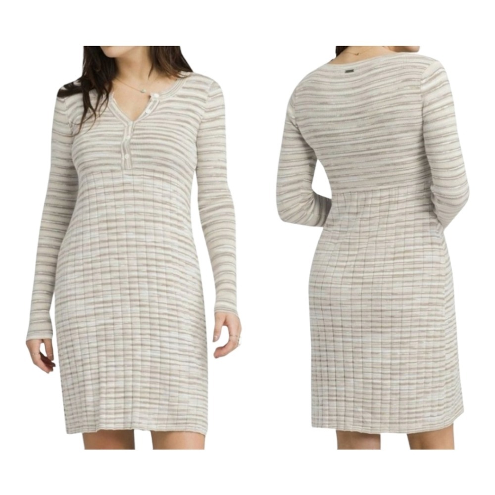 Prana Womens Leandra Knit Sweater Dress M Henley Ribbed Boho Tan Space Dye